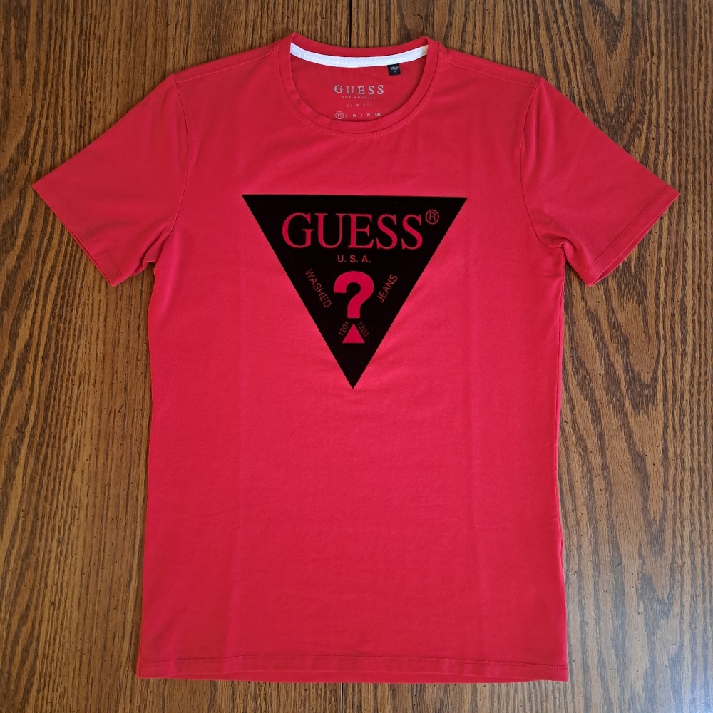 Guess Red Black Velvet Logo Short Sleeve Tee